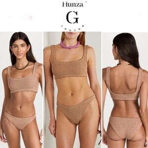 HUNZA G + NET SUSTAIN Xandra Metallic Seersucker Bikini Set in Brown OS NWT